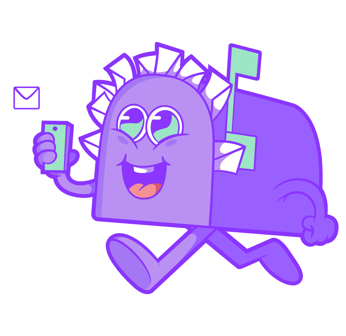 purple box mail smiling with a cellphone in its right hand with a email notification