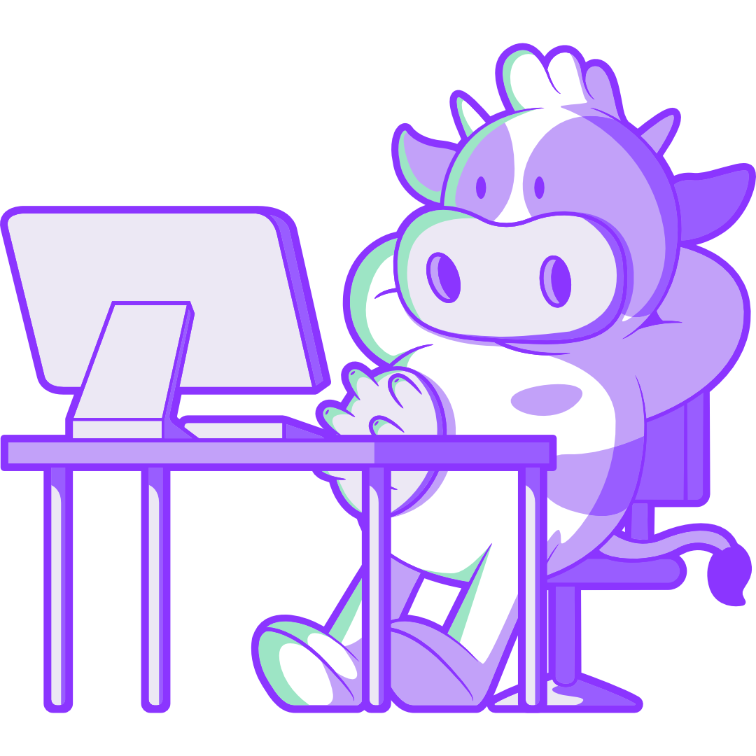 A purple cow sitting in a chair in a chill way watching something in the computer in front.